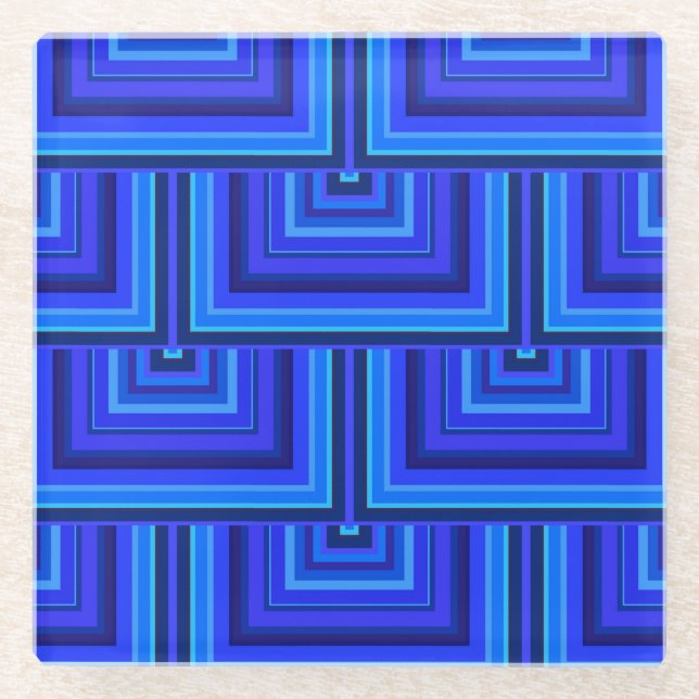 Blue stripes square scales pattern glass coaster (Front)