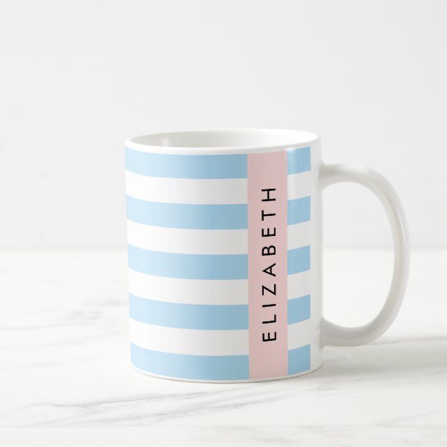 Blue Stripes, Striped Pattern, Lines, Your Name Coffee Mug (Right)