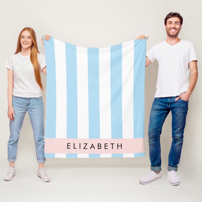 Blue Stripes, Striped Pattern, Lines, Your Name Fleece Blanket (In Situ)