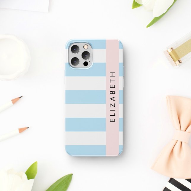 Blue Stripes, Striped Pattern, Lines, Your Name iPhone 16 Case (Creator Uploaded)