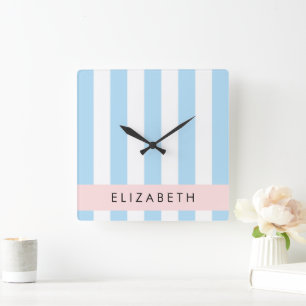 Blue Stripes, Striped Pattern, Lines, Your Name Square Wall Clock