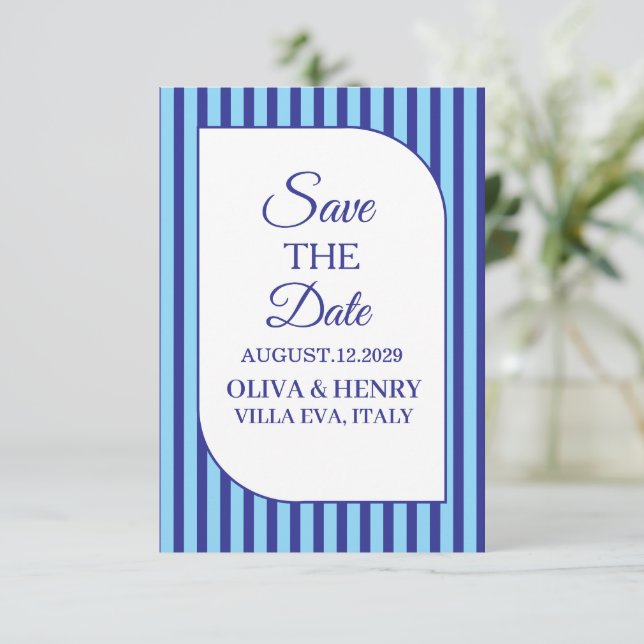 BLUE STRIPES STYLISH SIMPLE SCRIPT SAVE THE DATE  ANNOUNCEMENT (Standing Front)