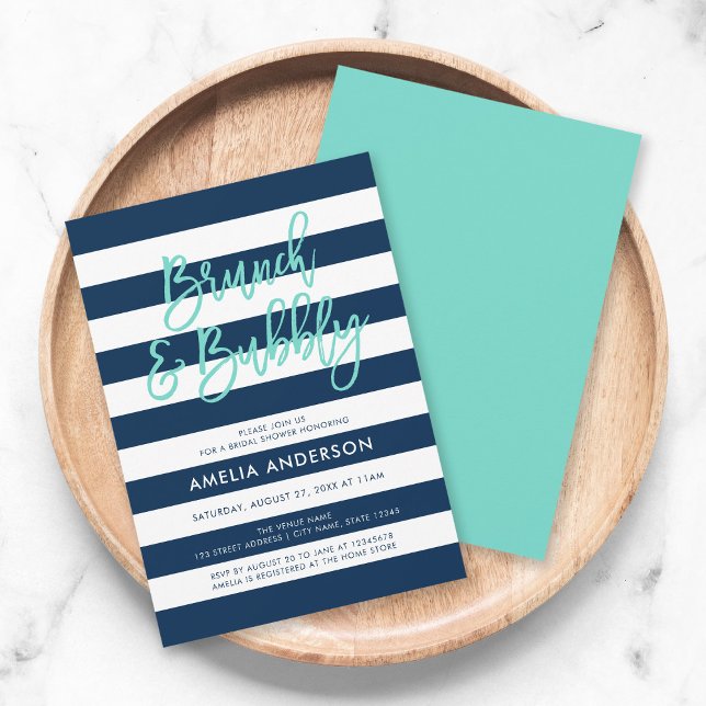 Blue Stripes Turquoise Brunch Bubbly Bridal Shower Invitation (Creator Uploaded)