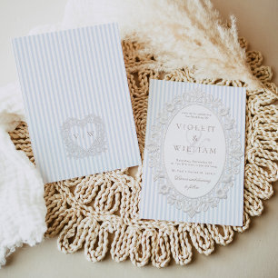 Blue Stripes Vintage Lace Old Money Wedding Invitation