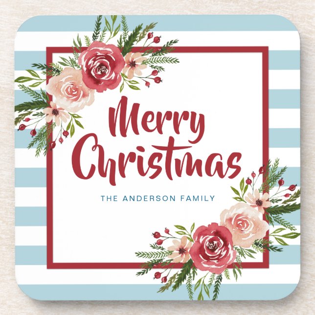 Blue Stripes Watercolor Flowers Christmas Coaster (Front)
