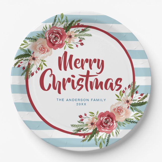 Blue Stripes Watercolor Flowers Christmas Paper Plate (Front)