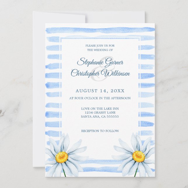 Blue Stripes Watercolor White Flowers Wedding Invitation (Front)