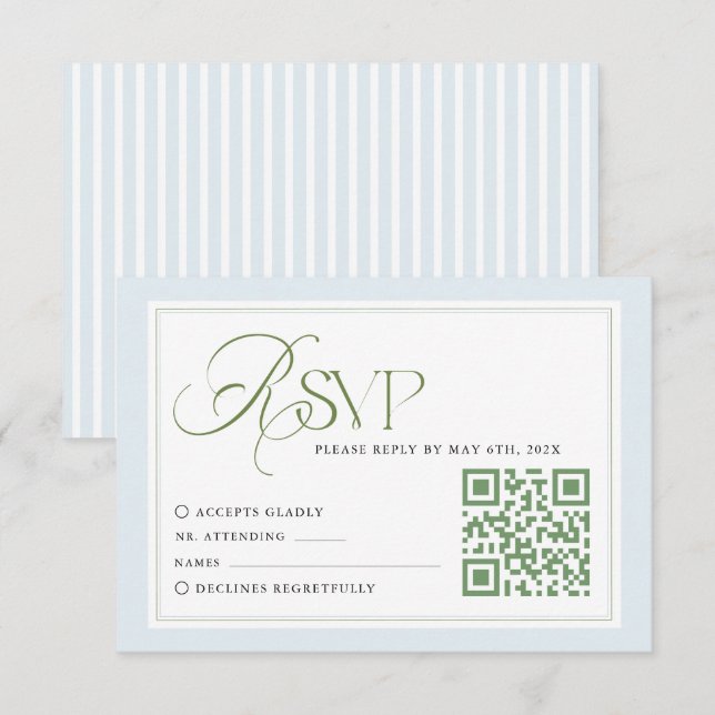 Blue Stripes Wedding RSVP Card with QR Code (Front/Back)
