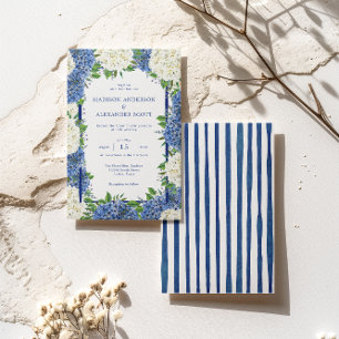 Blue Stripes White Hydrangeas Wedding Invitation