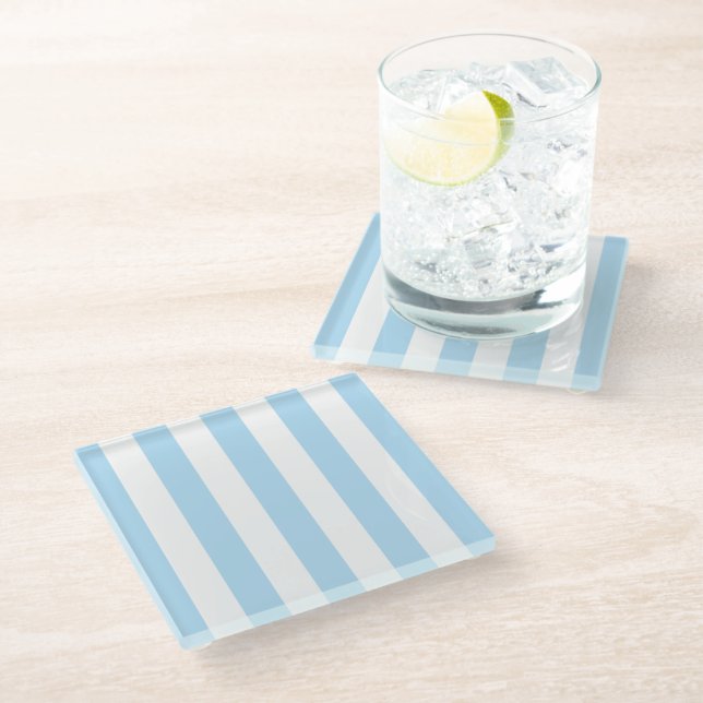 Blue Stripes, White Stripes, Striped Pattern Glass Coaster (Angled)