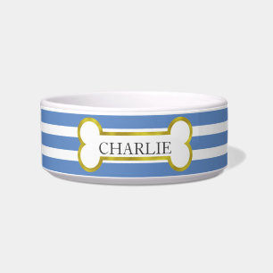 Blue Stripes with Gold Bone Personalised Pet Bowl