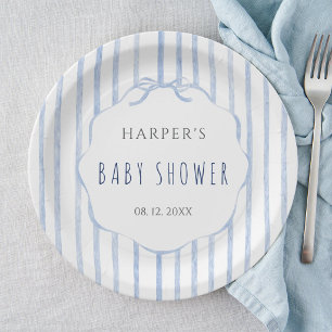 Blue Stripes with Scalloped Frame Boy Baby Shower  Paper Plate