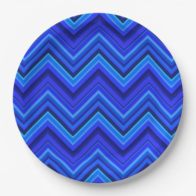 Blue stripes zigzag pattern paper plate (Front)