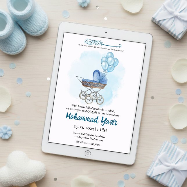 Blue stroller balloon aqiqah muslim baby boy invitation (Creator Uploaded)