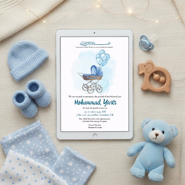 Blue stroller balloon muslim baby boy birth invitation (Creator Uploaded)