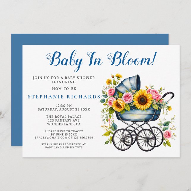 Blue Stroller Floral Baby In Bloom Baby Shower Invitation (Front/Back)