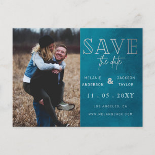 Blue Stylish Handwritten Photo Save the Date Announcement Postcard