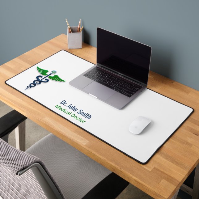 Blue Stylish Medical Caduceus Green Wings Cross Desk Mat (Office 2)