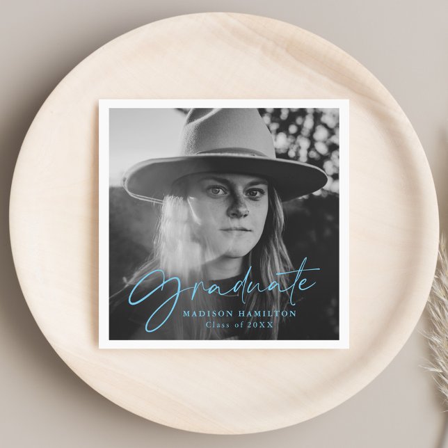 Blue | Stylish Script Photo Graduation Napkin (Creator Uploaded)