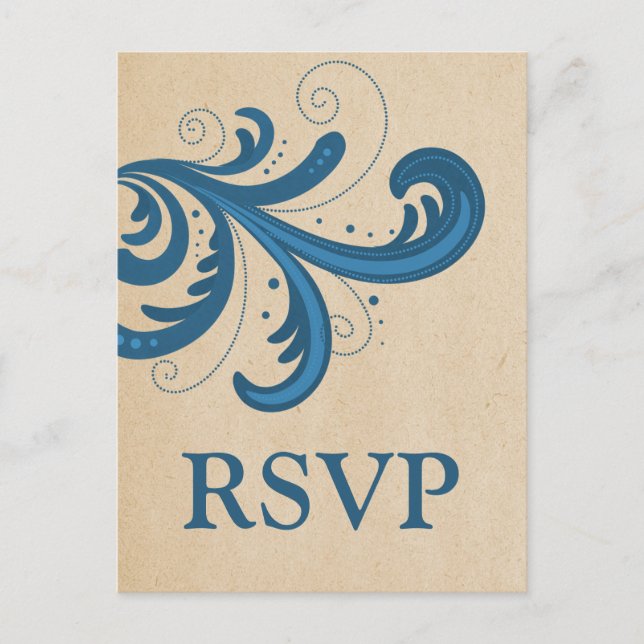 Blue Stylish Swirls RSVP Postcard (Front)