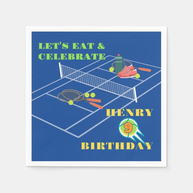 Blue Stylish Tennis Racket Court Game Birthday Napkin (Front)
