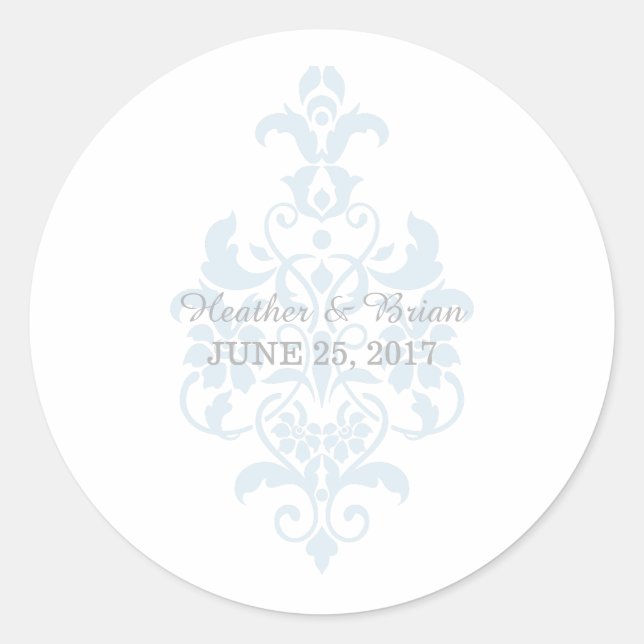 Blue Subtle Damask Wedding Stickers (Front)