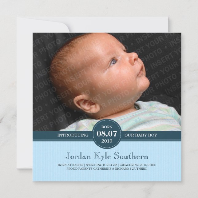Blue Subtle Stripe Baby Boy Birth Announcement (Front)