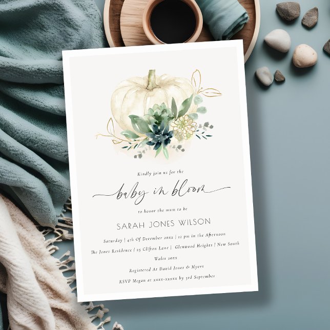 Blue Succulent Pumpkin Baby in Bloom Shower Invite (Creator Uploaded)