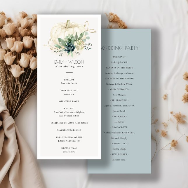 Blue Succulent Pumpkin Wedding Ceremony Program Menu (Creator Uploaded)