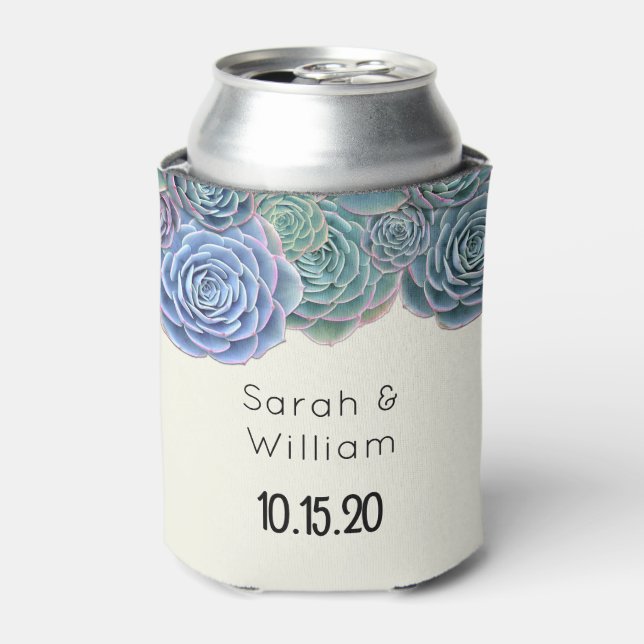 Blue Succulents Wedding Welcome Can Coozie (Can Front)