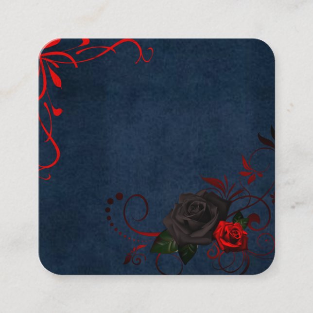 Blue Suede w/Black & Red Roses, Red Scroll Design Square Business Card (Front)