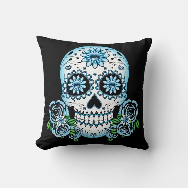 Blue Sugar Skull Cushion (Front)