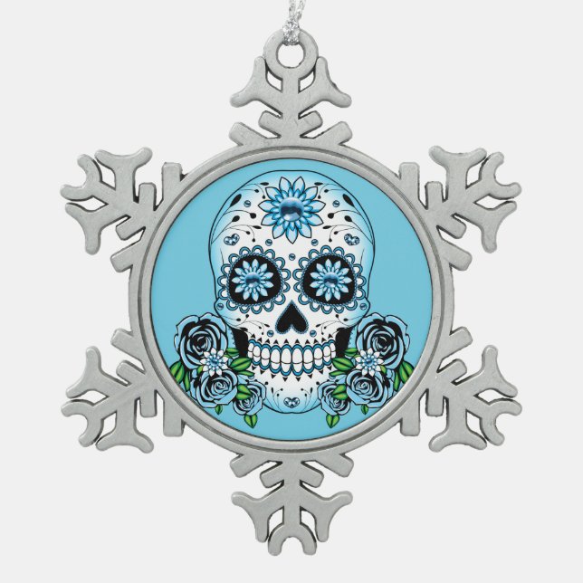 Blue Sugar Skull Snowflake Pewter Christmas Ornament (Front)