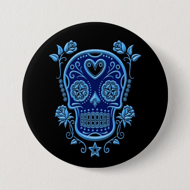 Blue Sugar Skull with Roses on Black 7.5 Cm Round Badge (Front)