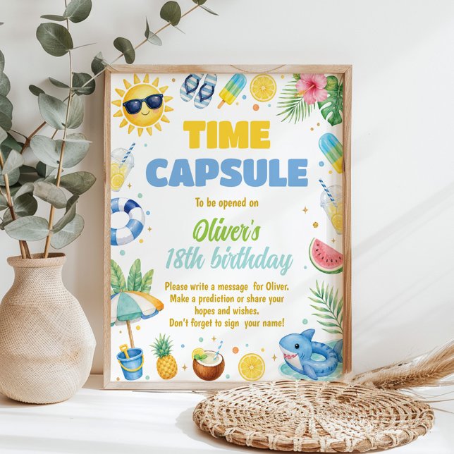 Blue Summer Beach Birthday Party Time Capsule Sign (Creator Uploaded)