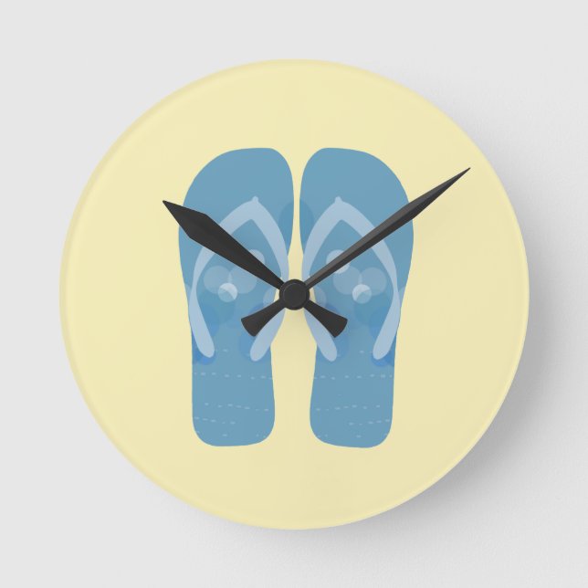 Blue Summer Beach Theme Flip Flops In The Sand Round Clock (Front)
