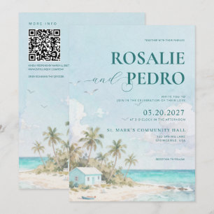 Blue Summer Beach Watercolor QR Code Wedding Invitation
