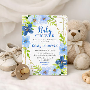 Blue Summer Flowers & Gold Frame Baby Shower Invitation
