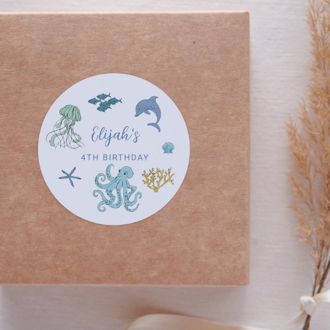 Blue Summer Ocean Birthday Party Favour Classic Round Sticker (Creator Uploaded)