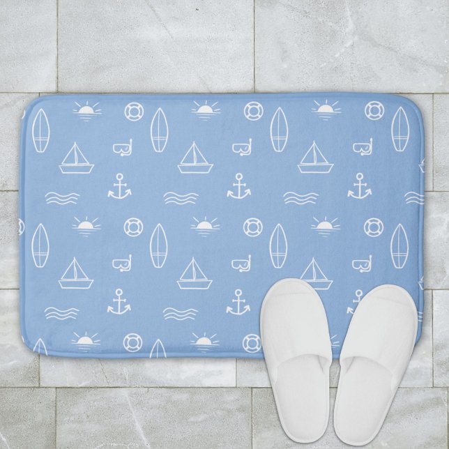 Blue Summer Ocean Nautical Seamless Pattern Bath Mat (In situ bathroom floor)