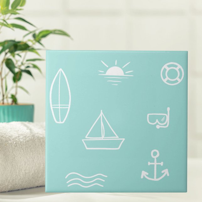 Blue Summer Ocean Seamless Pattern Kids Bathroom Tile (Close up)