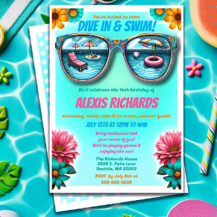 Blue Summer Splash Birthday Pool Party Invitation