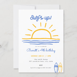 Blue Summer Surfs Up Party Birthday Invitation