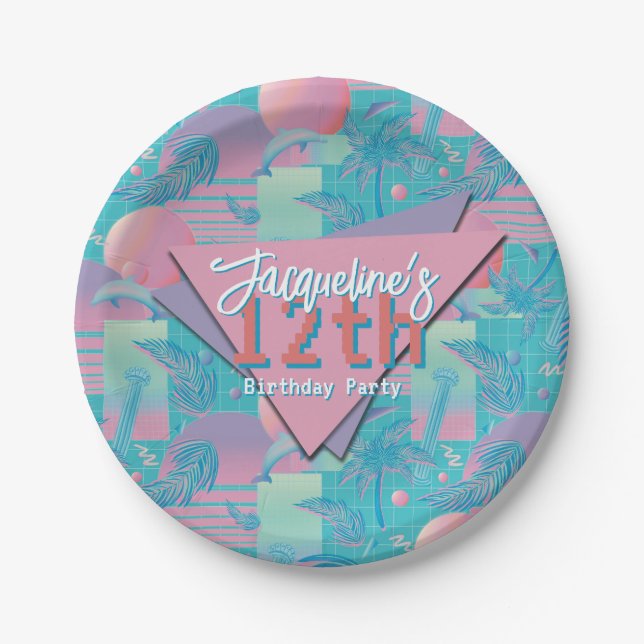 Blue Summer Vaporwave Sunset Birthday Paper Plate (Front)