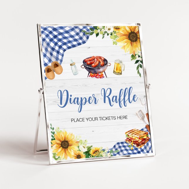 Blue Sunflower BBQ Baby Shower Diaper Raffle Poster (Boy Picnic Backyard Baby Shower Diaper Raffle Sign)