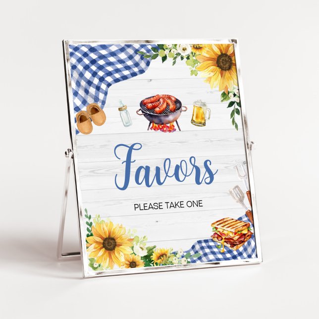 Blue Sunflower BBQ Baby Shower Favours Poster (Boy Picnic Backyard Baby Shower Favors Sign)