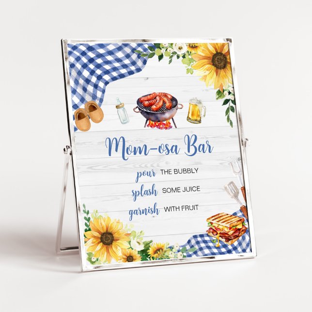 Blue Sunflower BBQ Baby Shower Mum Osa Bar Poster (Boy Picnic Backyard Baby Shower Mom Osa Bar Sign)