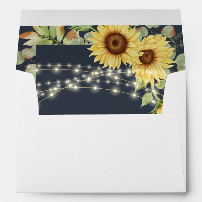 Blue Sunflower Eucalyptus String Lights Wedding  Envelope (Back (Bottom))