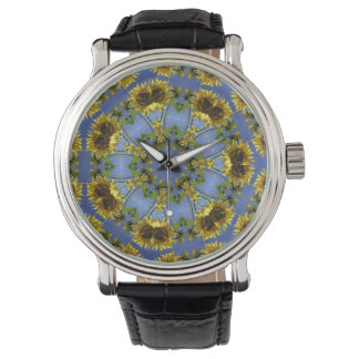 Blue Sunflower Kaleidoscope Vintage Leather Strap Watch