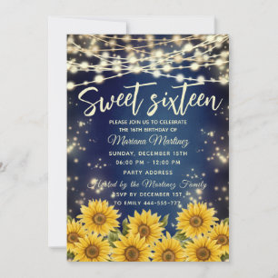 Blue Sunflower String lights gold sparkle Invitation